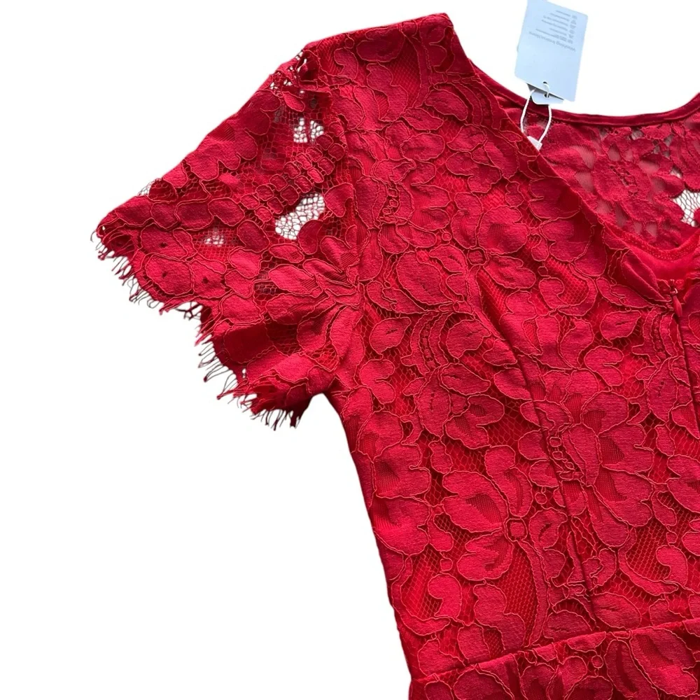 MSLG Womens Sz Large Bright Red Floral Lace Short Sleeve Round Neck A-line Dress